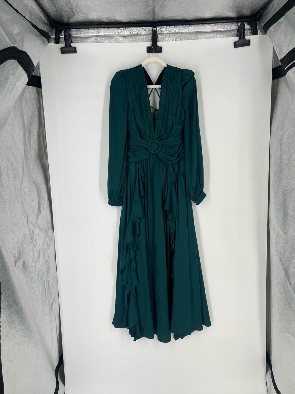 Patbo Emerald Green Tie Back Cut Out Long Sleeve Satin Formal Maxi Dress Gown 4